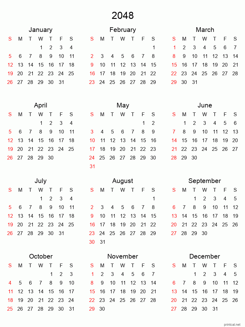 Printable 2048 Yearly Calendar