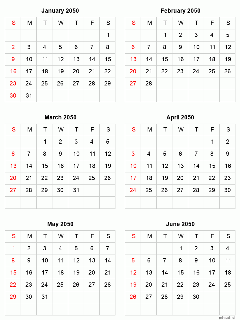 6 month calendar January to June 2050