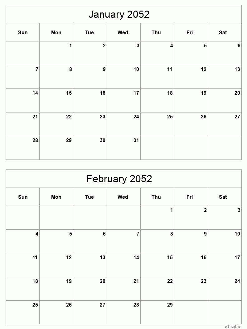 2 month calendar January to February 2052