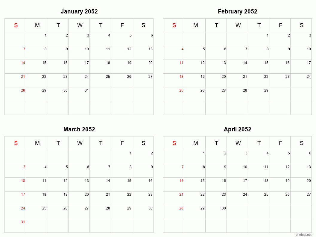 4 month calendar January to April 2052