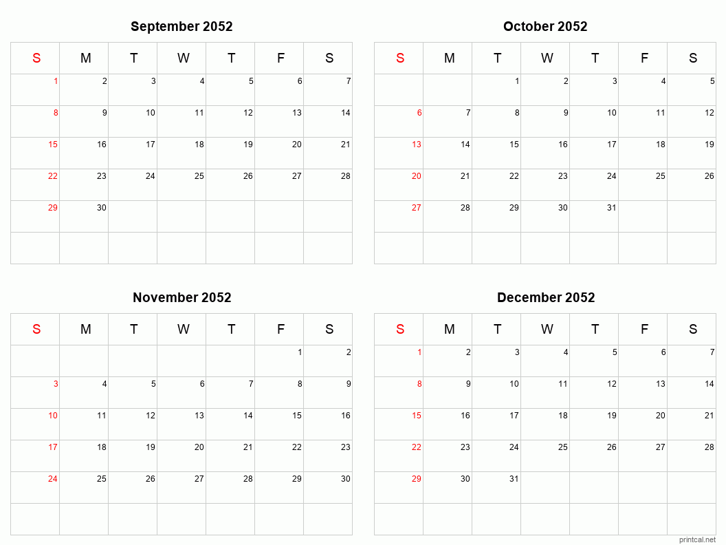 4 month calendar September to December 2052