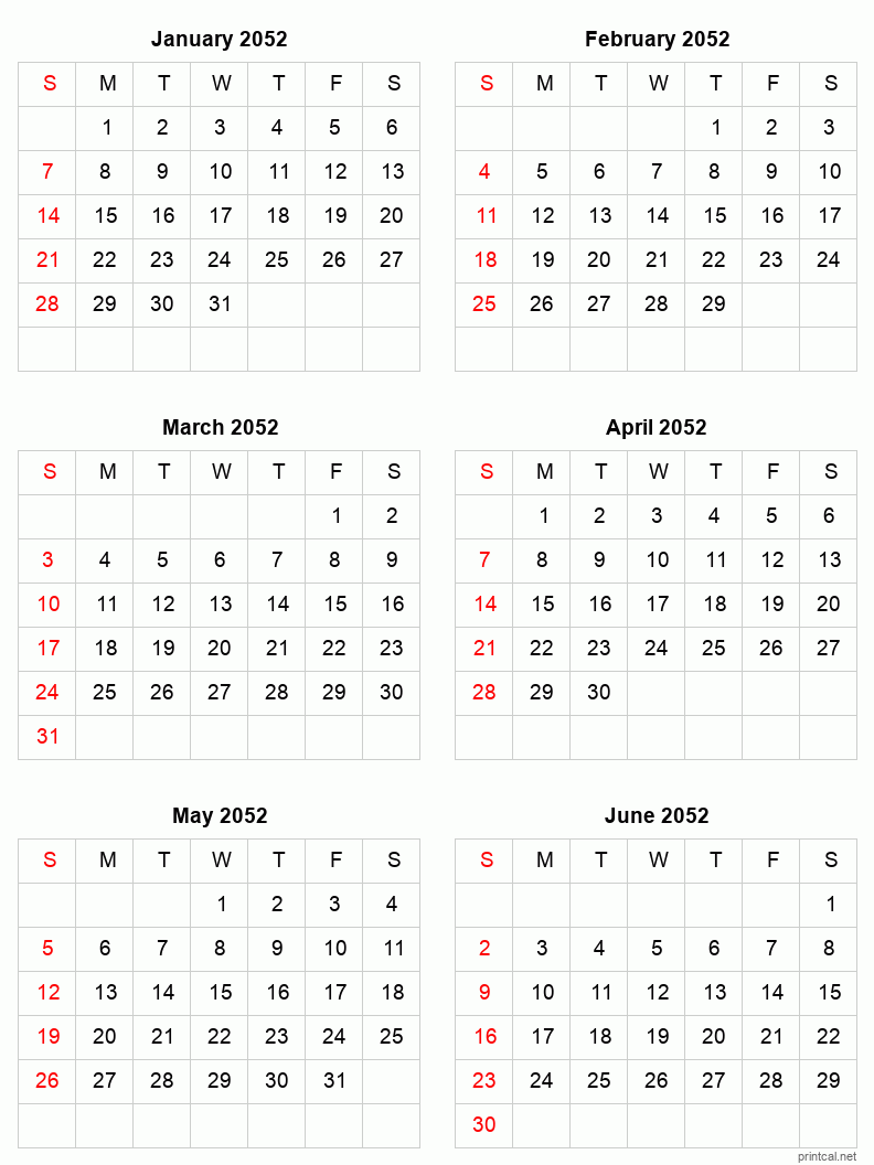 6 month calendar January to June 2052