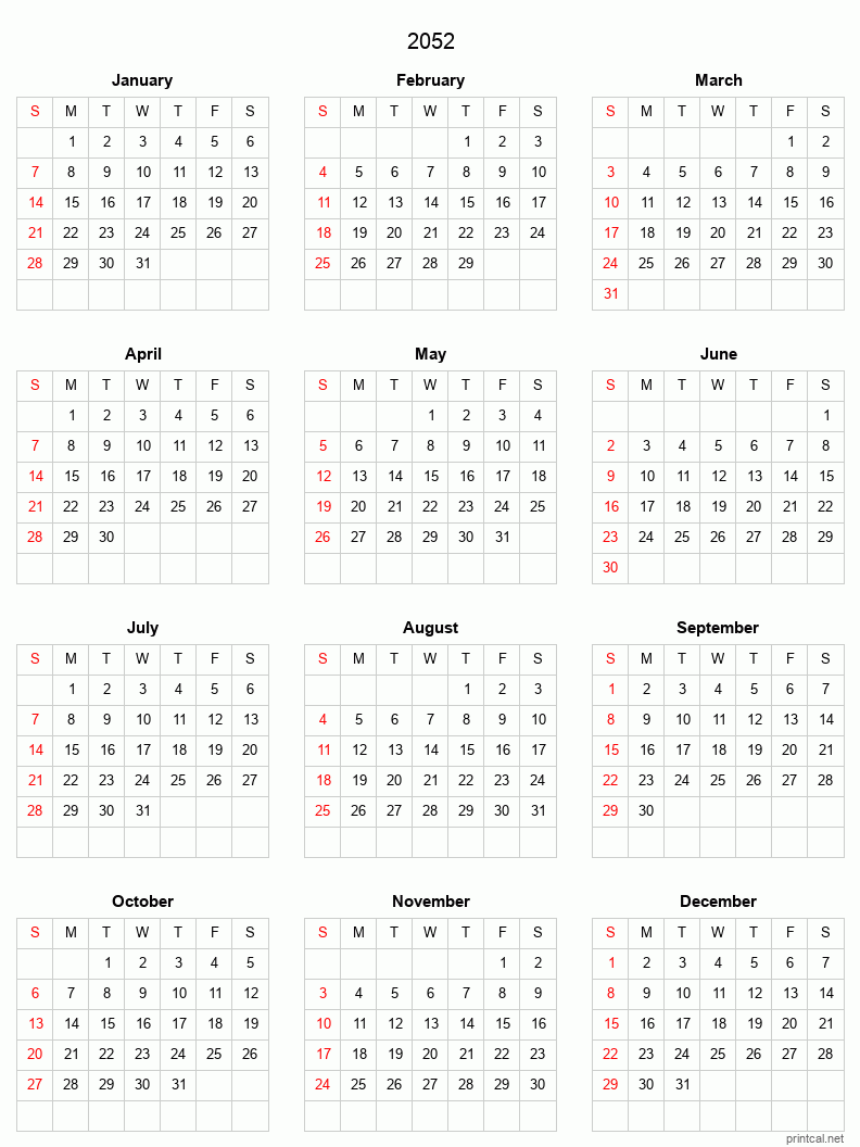 Printable 2052 Full-Year Calendar