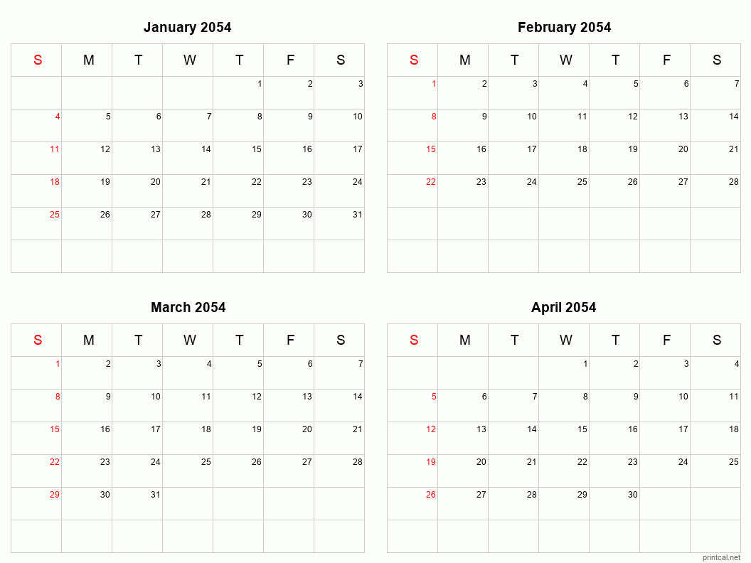 4 month calendar January to April 2054