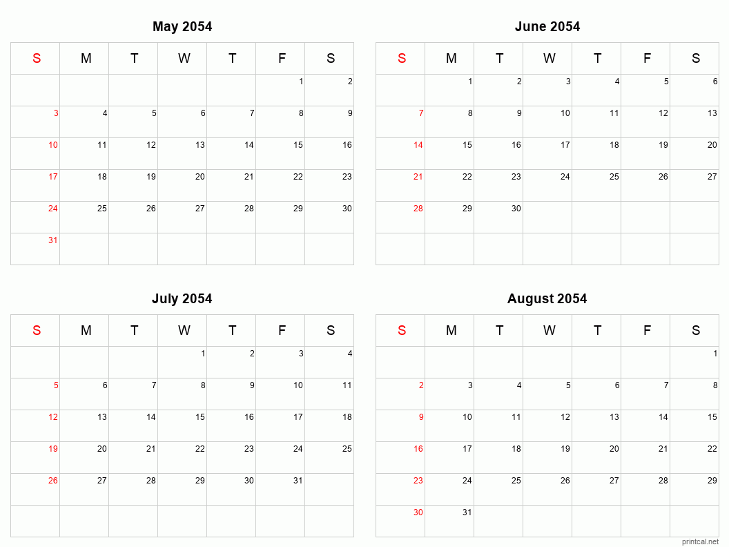 4 month calendar May to August 2054