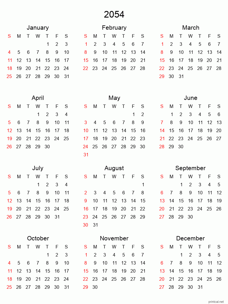 Printable 2054 Yearly Calendar