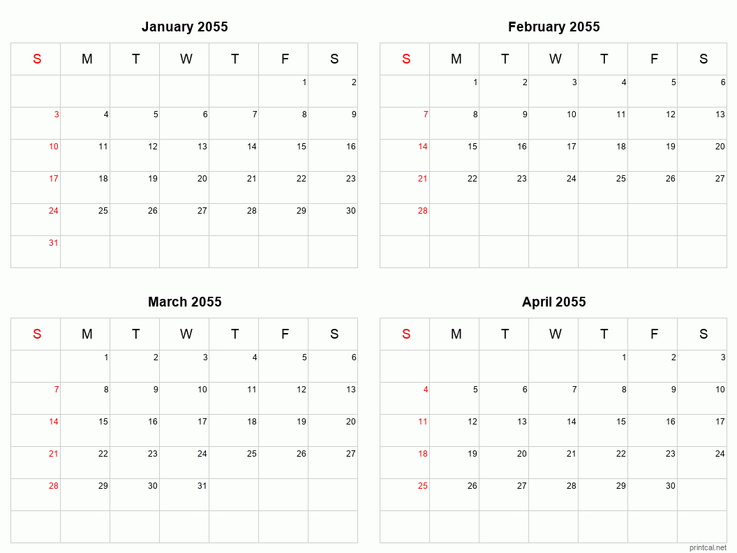 4 month calendar January to April 2055