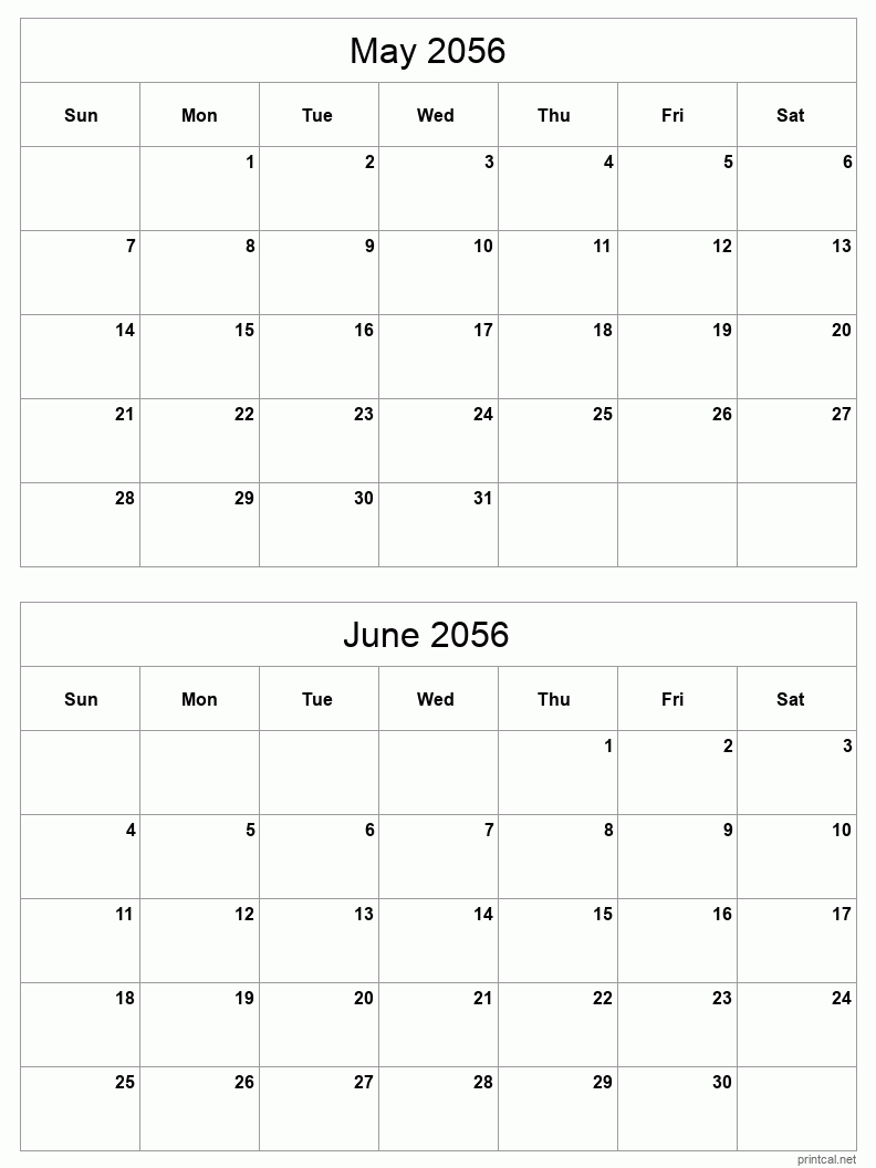 2 month calendar May to June 2056