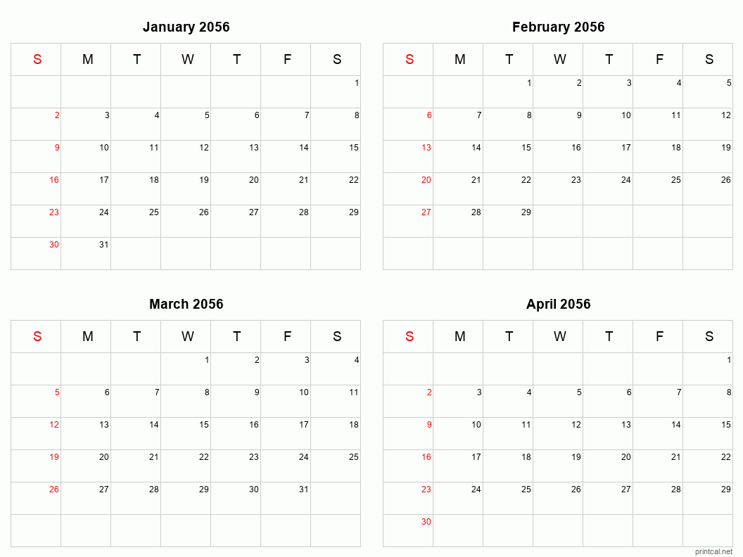 4 month calendar January to April 2056