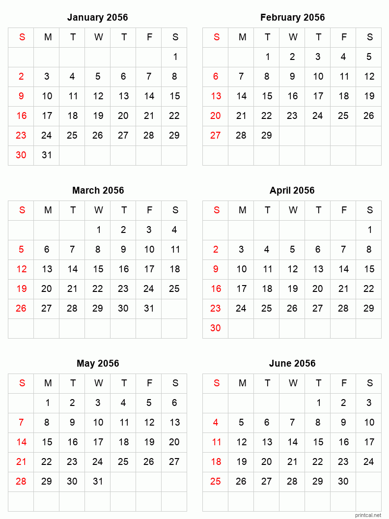 6 month calendar January to June 2056