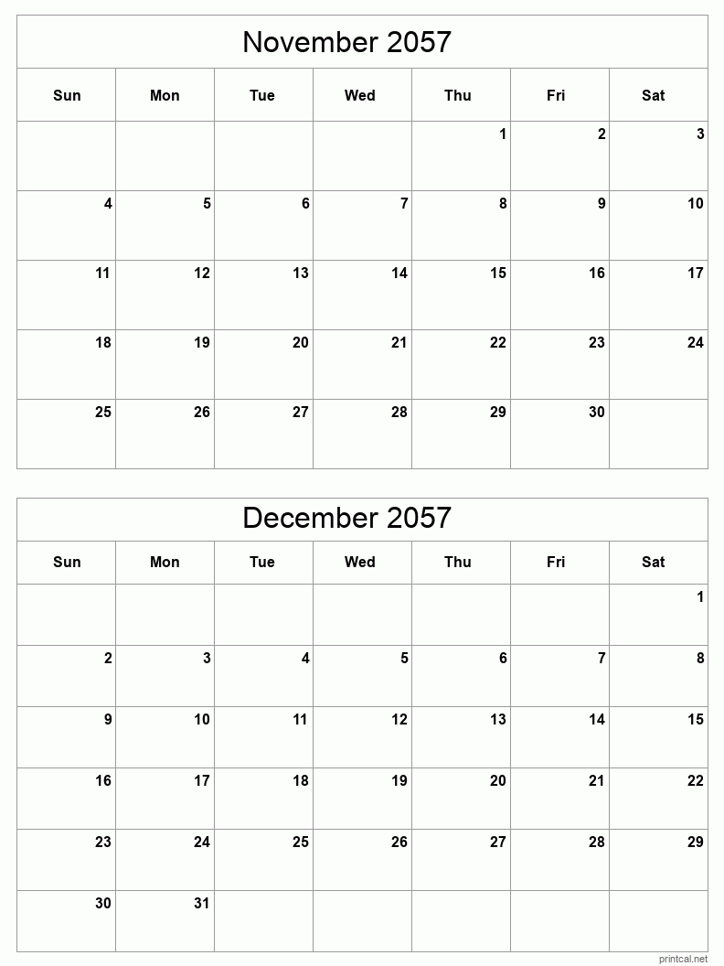 2 month calendar November to December 2057