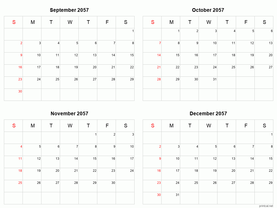 4 month calendar September to December 2057