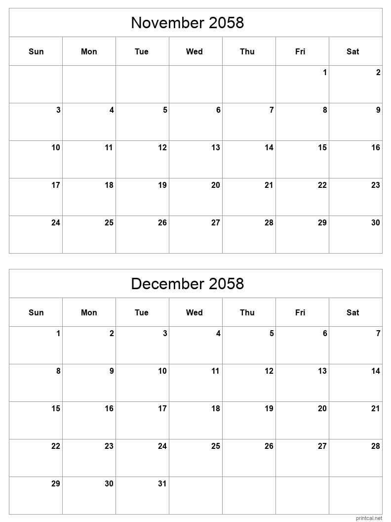 2 month calendar November to December 2058