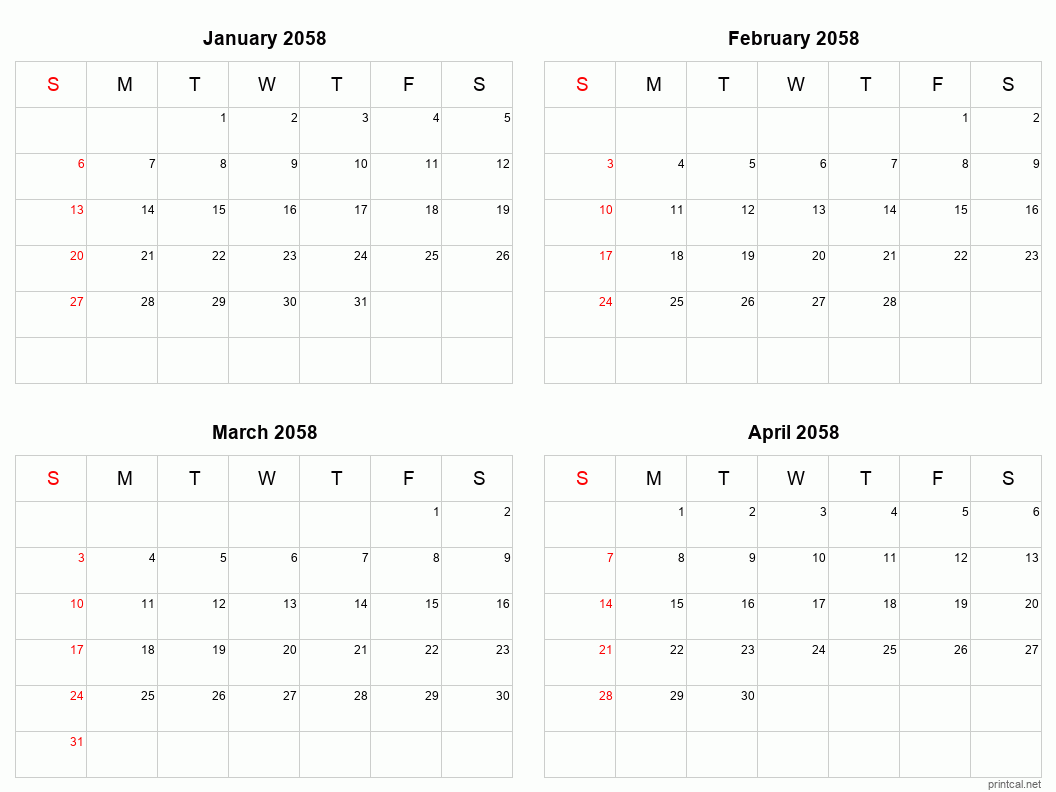 4 month calendar January to April 2058