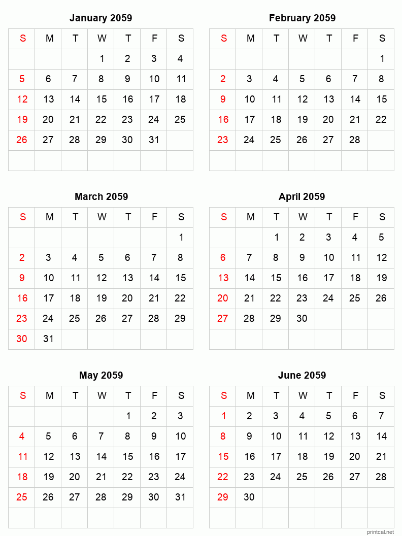 6 month calendar January to June 2059