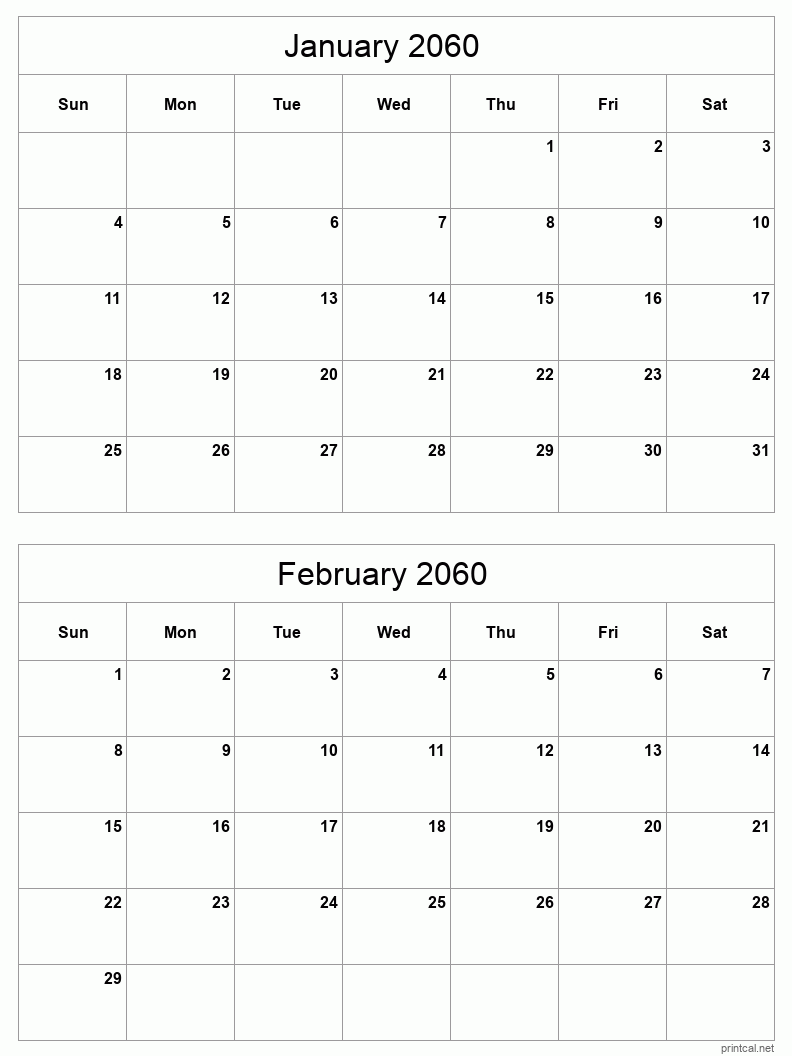 2 month calendar January to February 2060