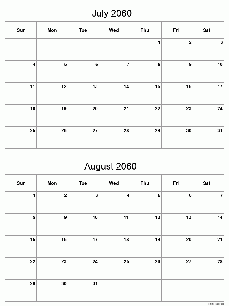 2 month calendar July to August 2060