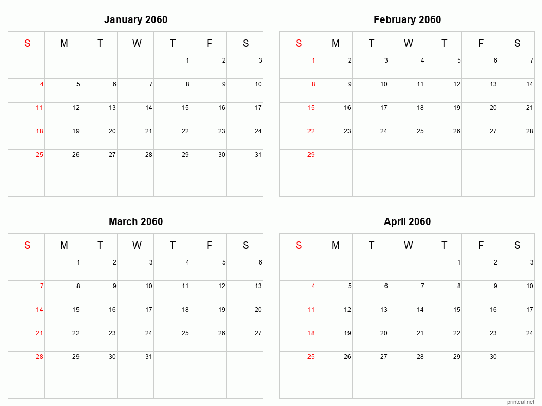 4 month calendar January to April 2060