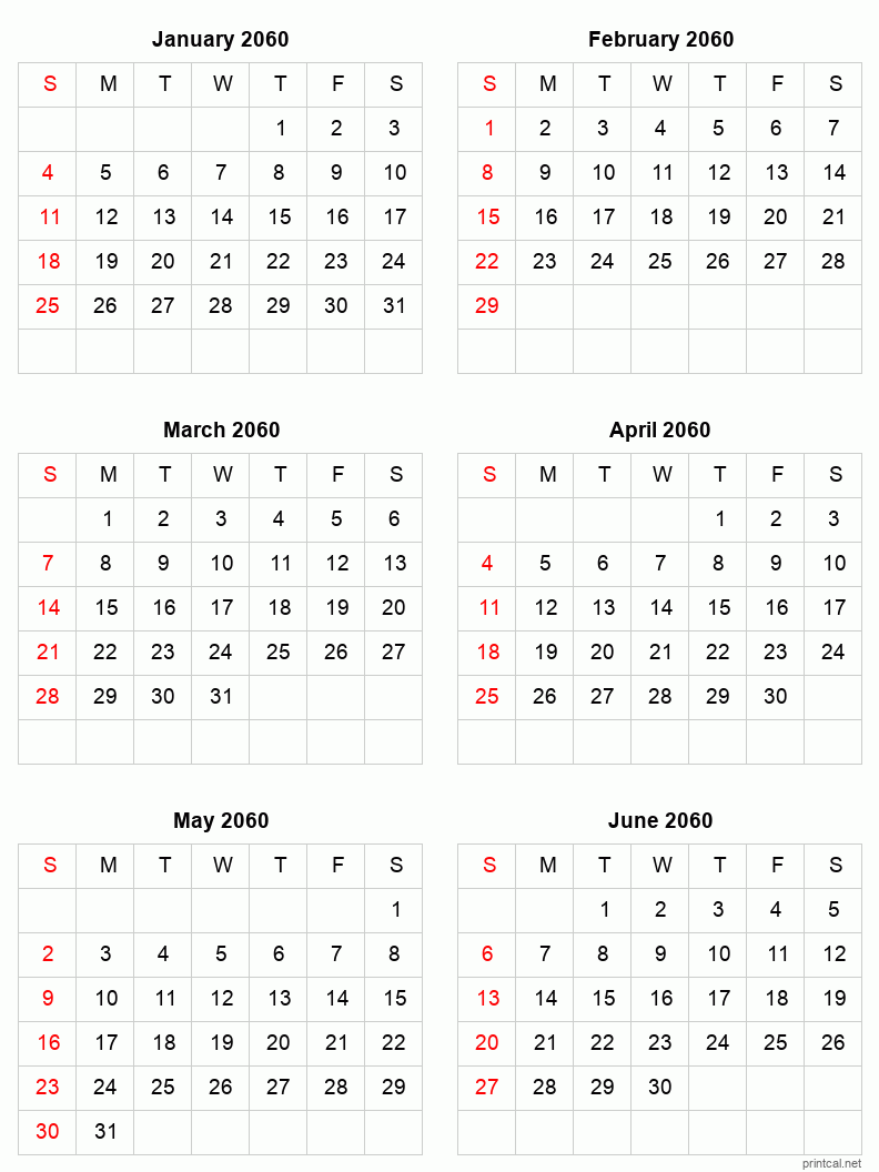 6 month calendar January to June 2060