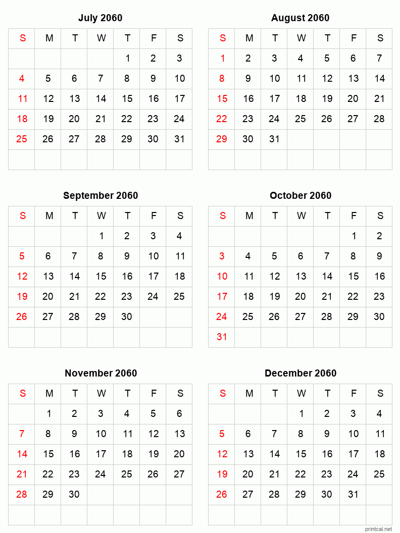 6 month calendar July to December 2060