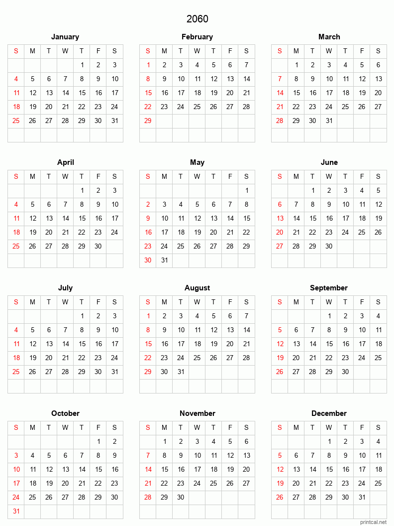 Printable 2060 Full-Year Calendar