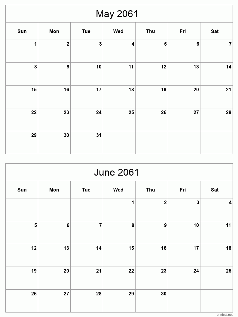 2 month calendar May to June 2061