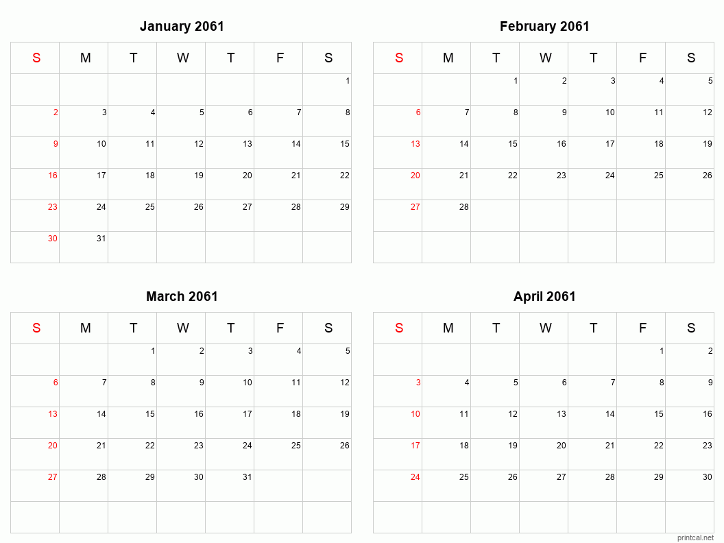 4 month calendar January to April 2061