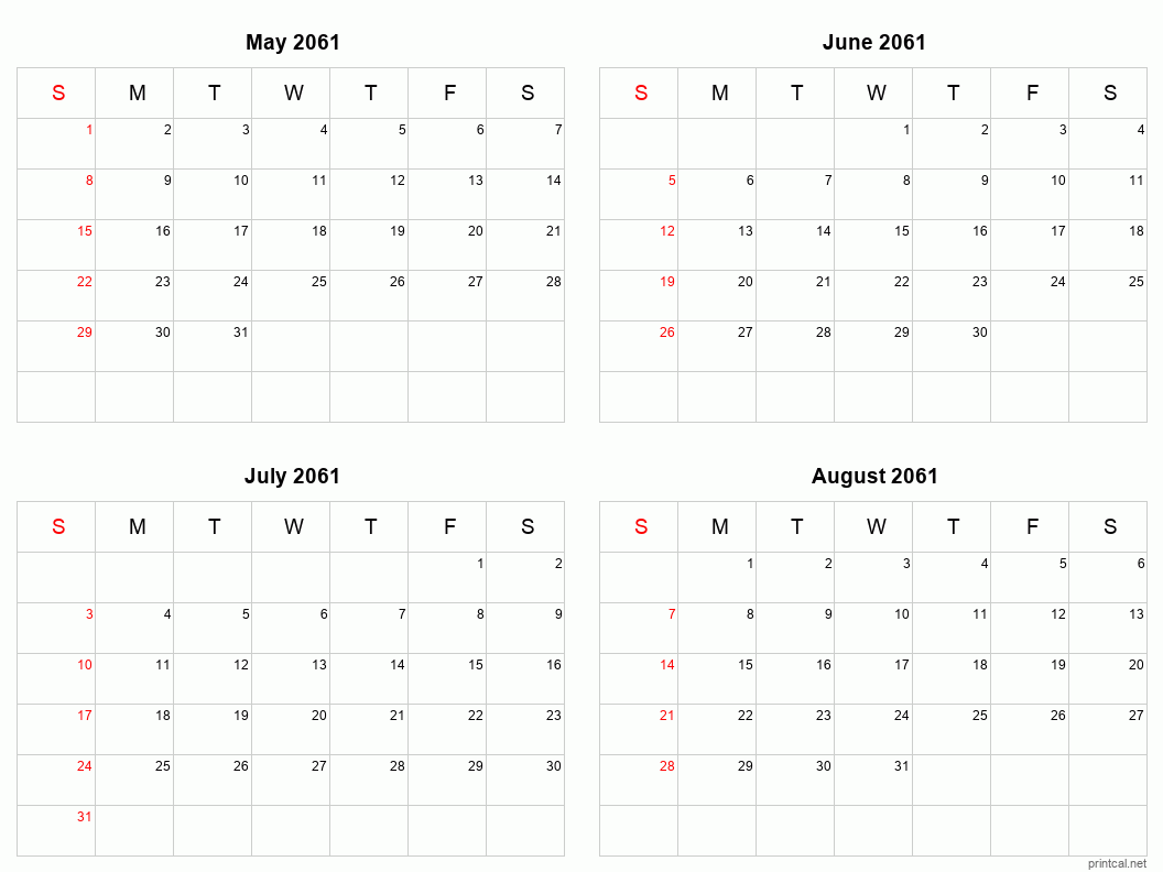 4 month calendar May to August 2061