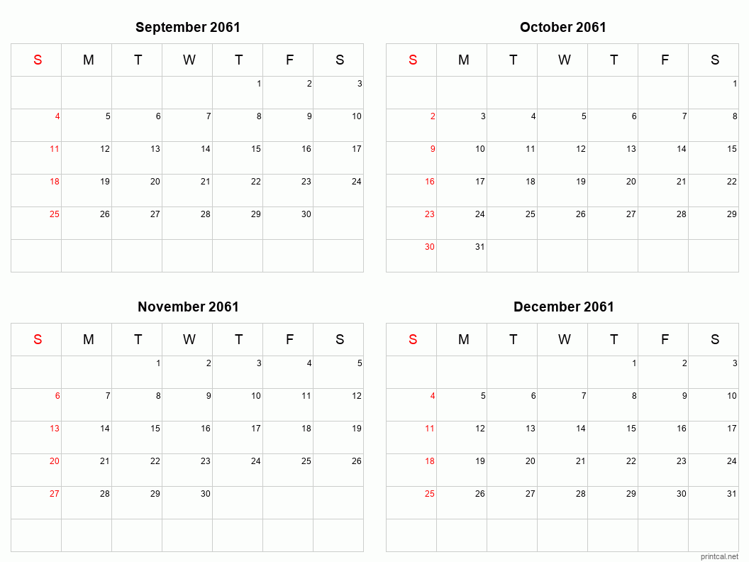 4 month calendar September to December 2061