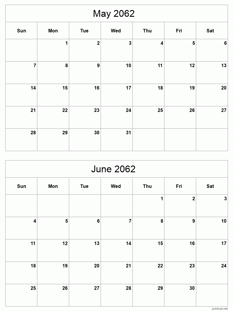 2 month calendar May to June 2062