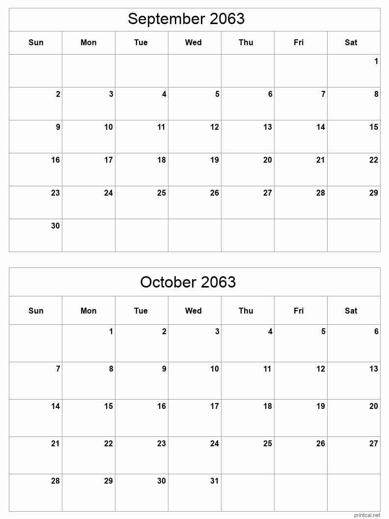 2 month calendar September to October 2063