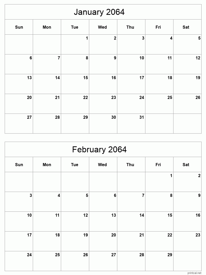 2 month calendar January to February 2064