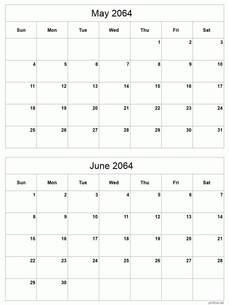 2 month calendar May to June 2064