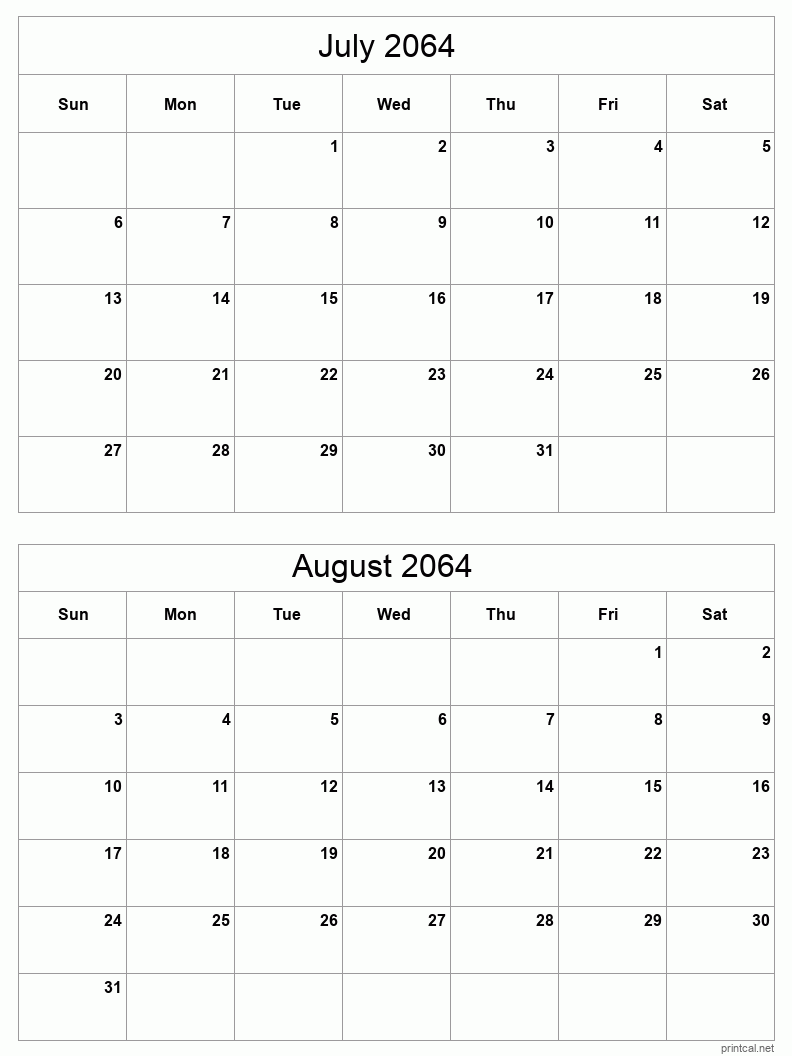 2 month calendar July to August 2064