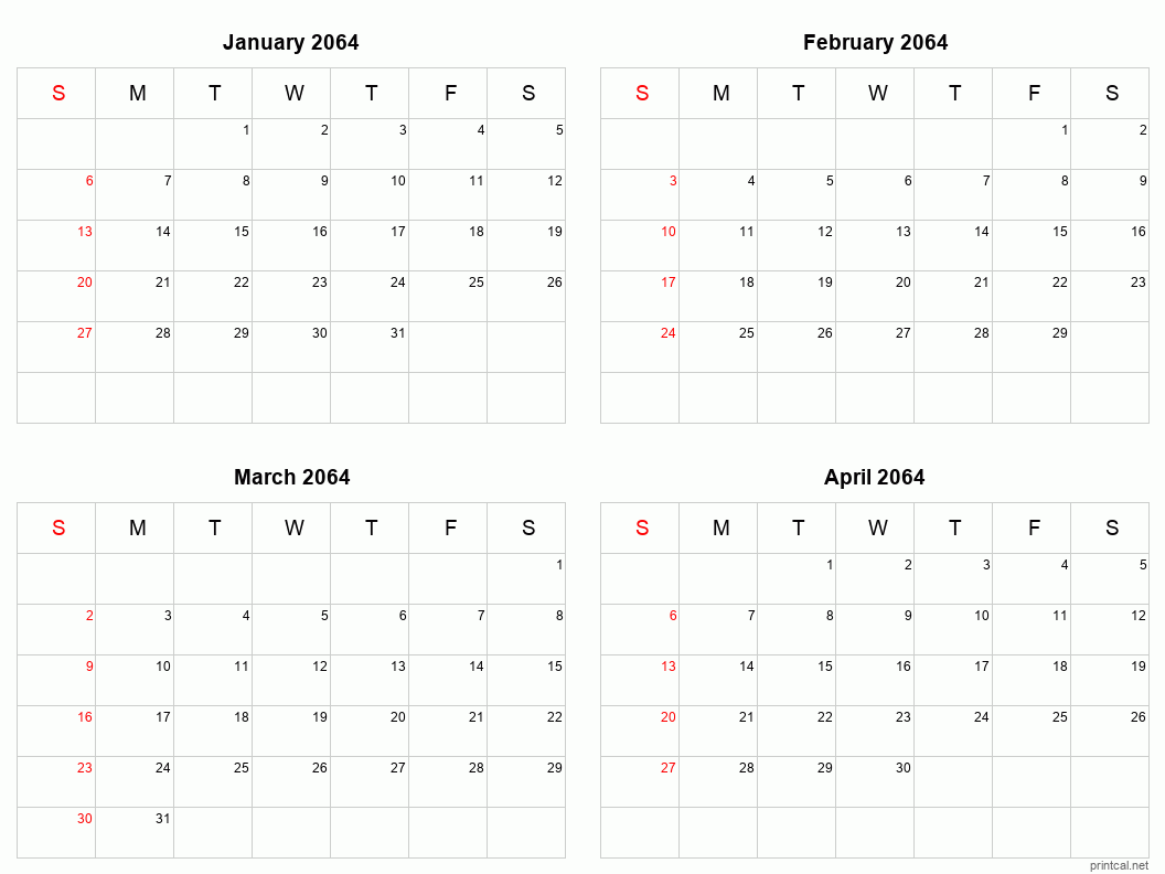 4 month calendar January to April 2064