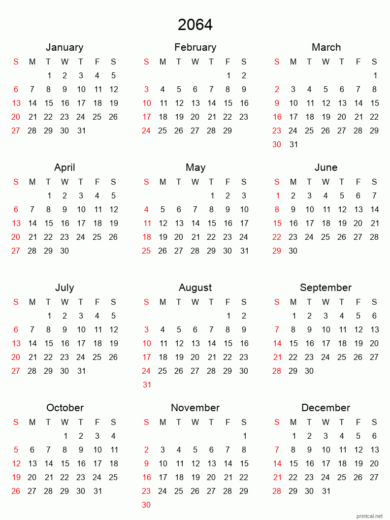 Printable 2064 Yearly Calendar