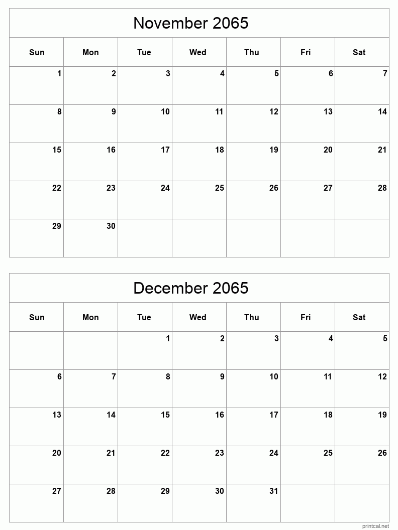 2 month calendar November to December 2065