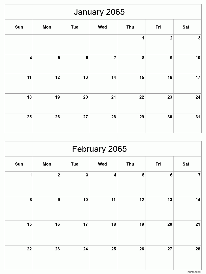 2 month calendar January to February 2065