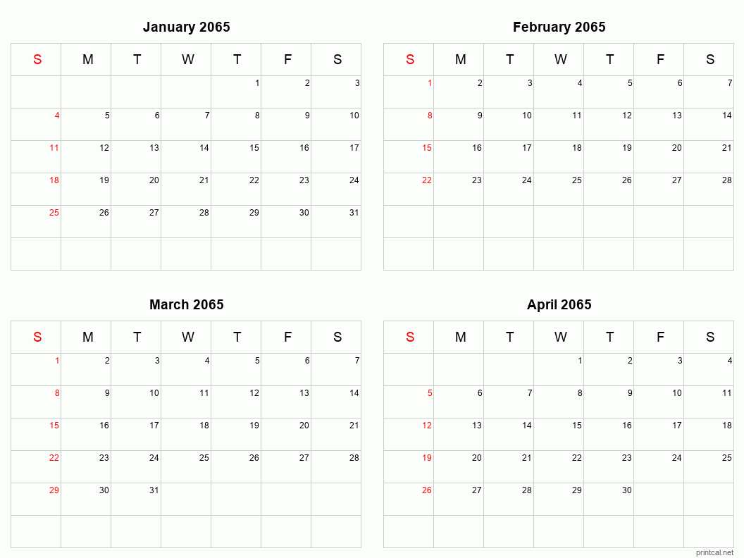 4 month calendar January to April 2065