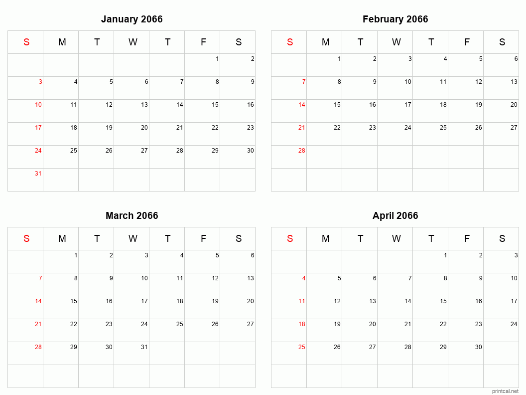 4 month calendar January to April 2066