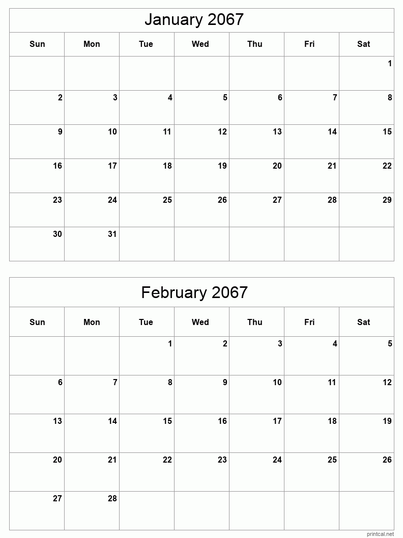 2 month calendar January to February 2067