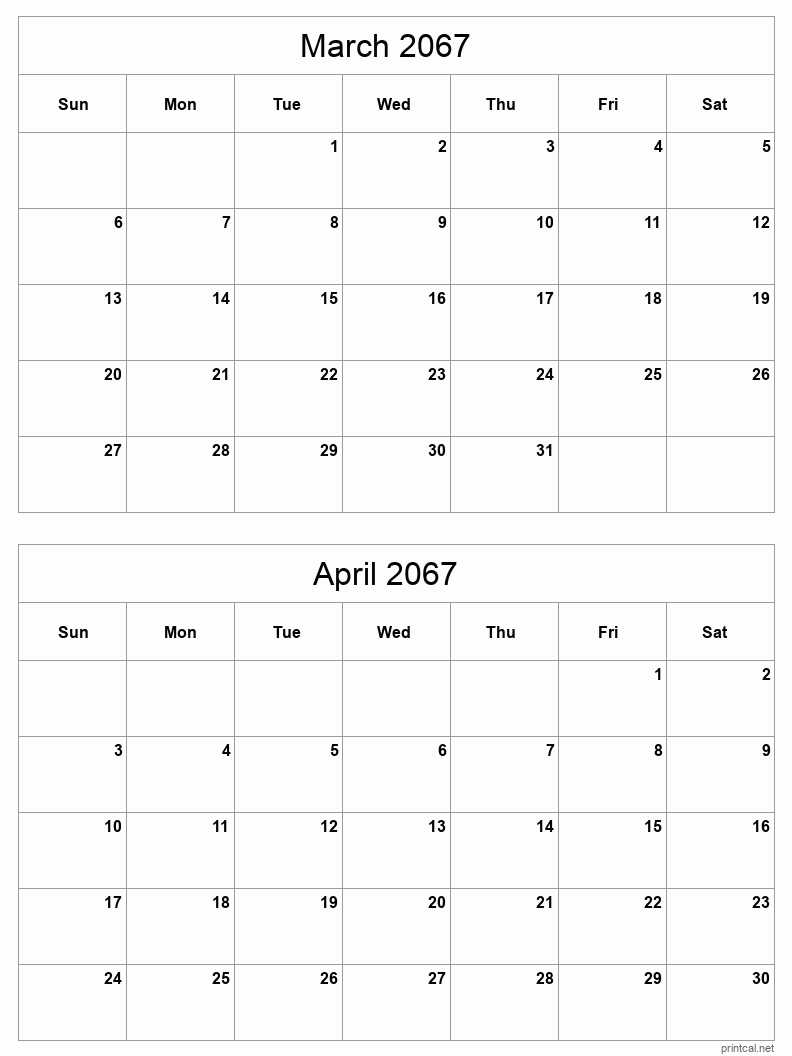 2 month calendar March to April 2067