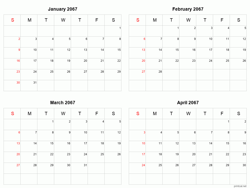 4 month calendar January to April 2067