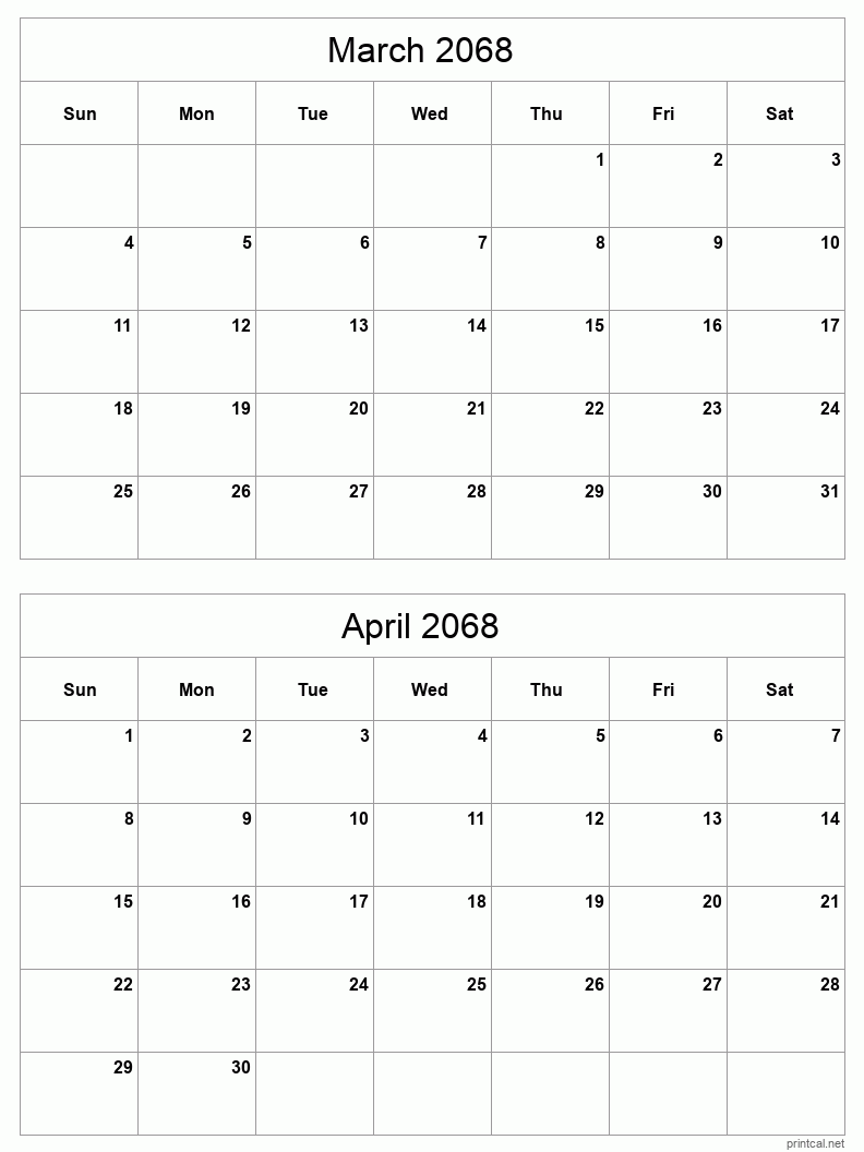 2 month calendar March to April 2068