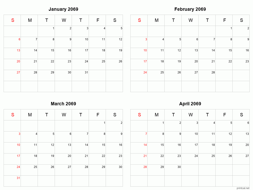 4 month calendar January to April 2069