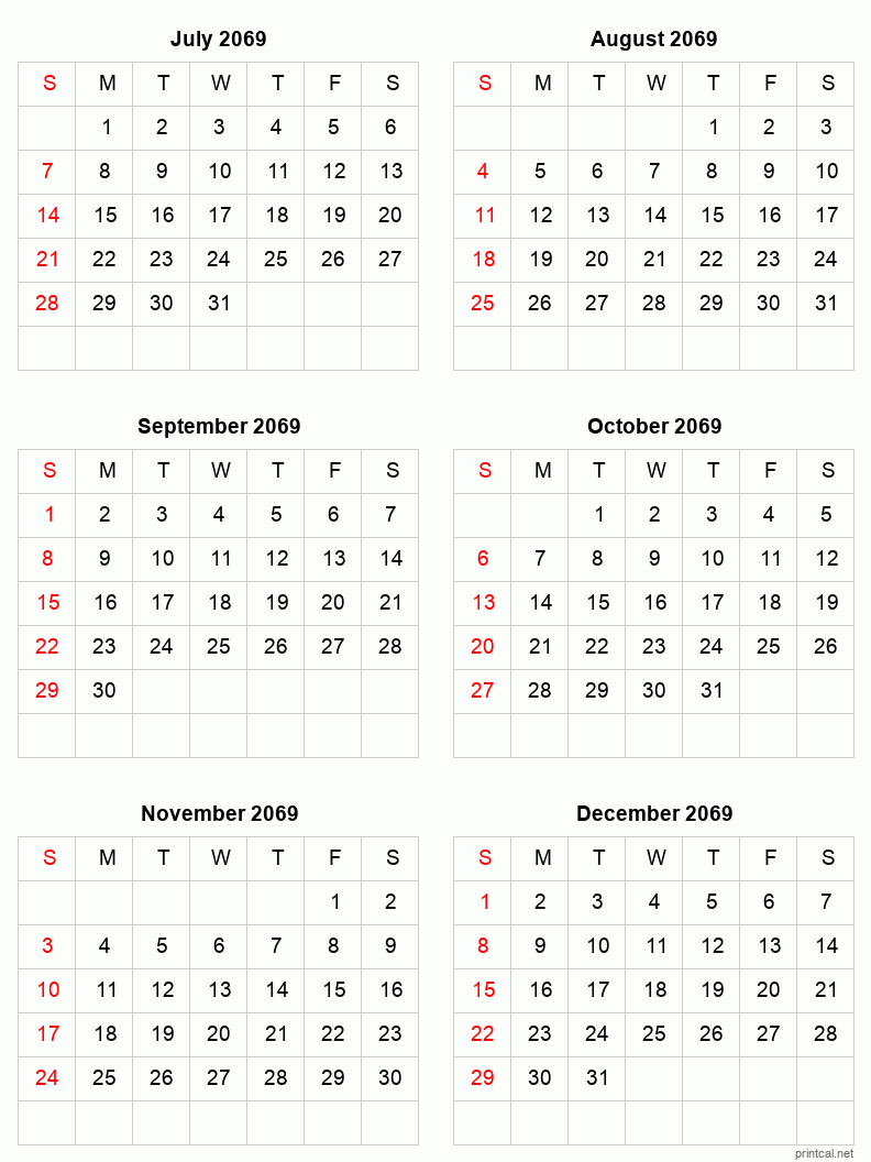 6 month calendar July to December 2069