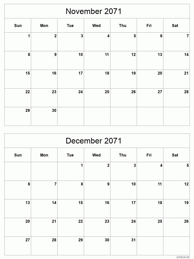 2 month calendar November to December 2071