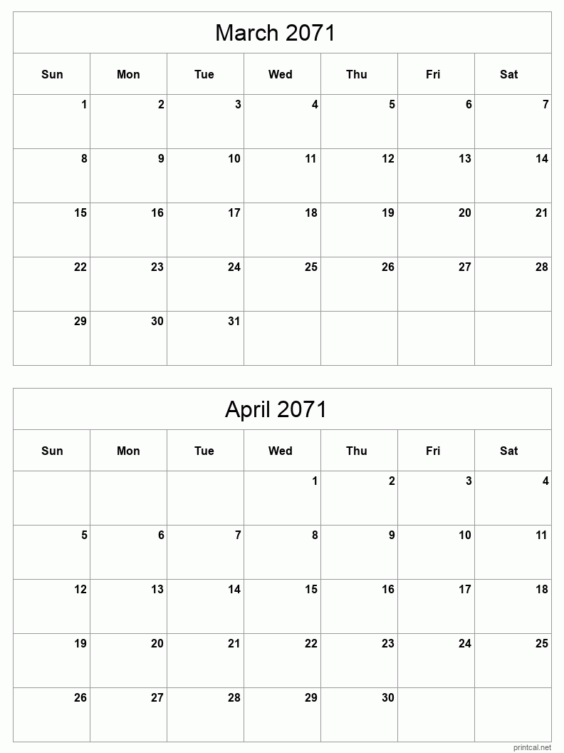 2 month calendar March to April 2071