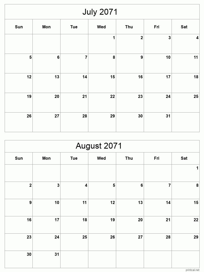 2 month calendar July to August 2071