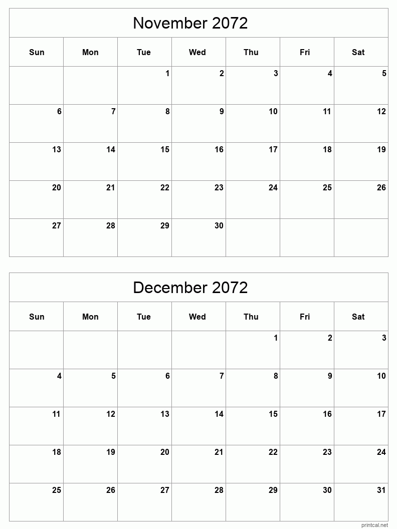 2 month calendar November to December 2072